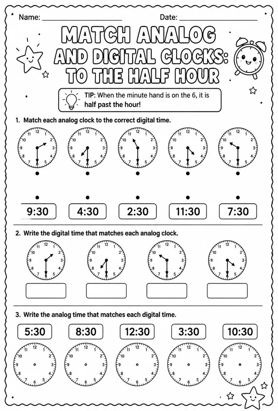 Match analog and digital clocks: to the half hour — free printable Grade 1 math worksheet