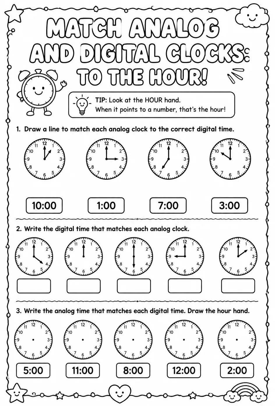 Match analog and digital clocks: to the hour — free printable Grade 1 math worksheet