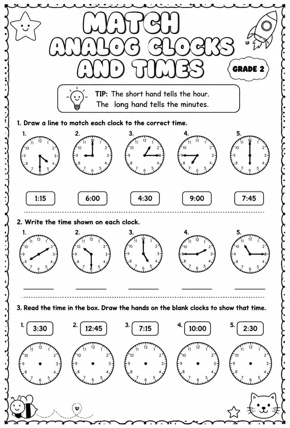 Match analog clocks and times — free printable Grade 2 math worksheet