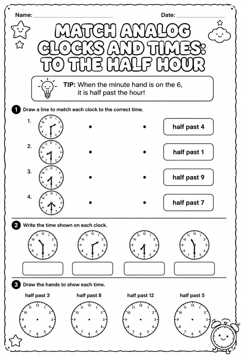 Match analog clocks and times: to the half hour — free printable Grade 1 math worksheet