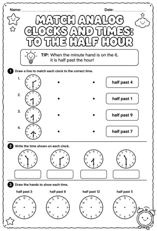 Match analog clocks and times: to the half hour