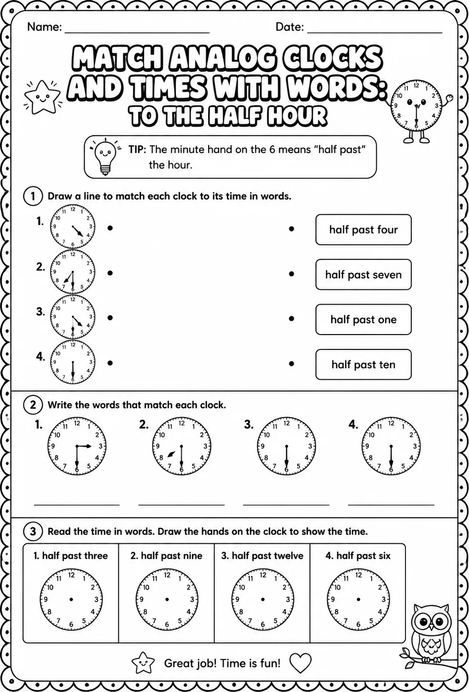Match analog clocks and times with words: to the half hour — free printable Grade 1 math worksheet
