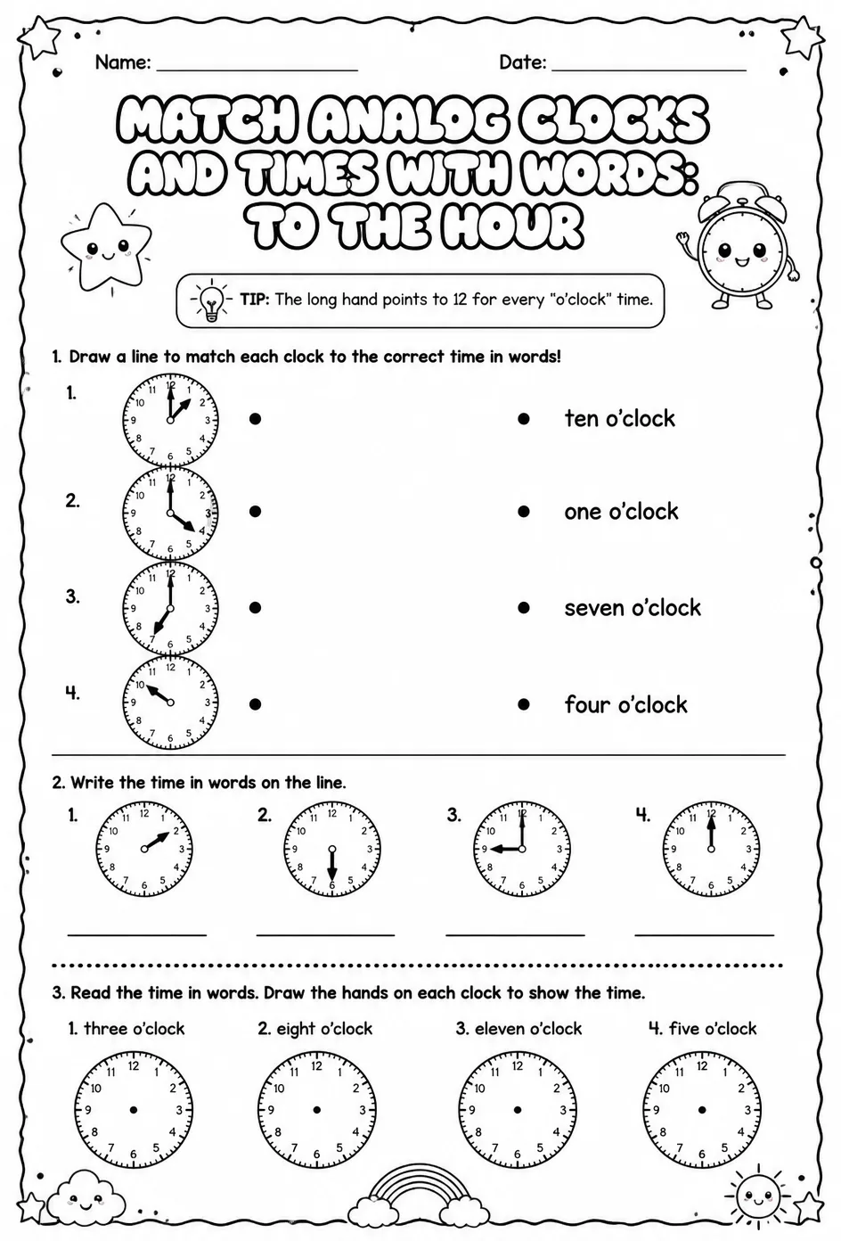 Match analog clocks and times with words: to the hour — free printable Grade 1 math worksheet
