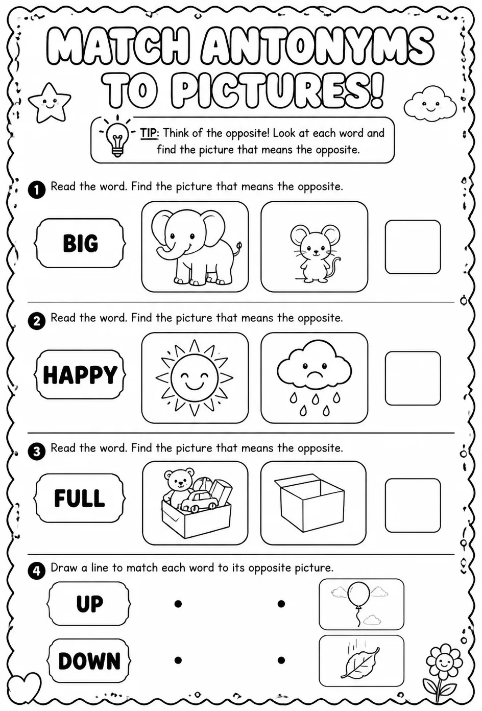 Match antonyms to pictures — free printable Pre-K English & Reading worksheet
