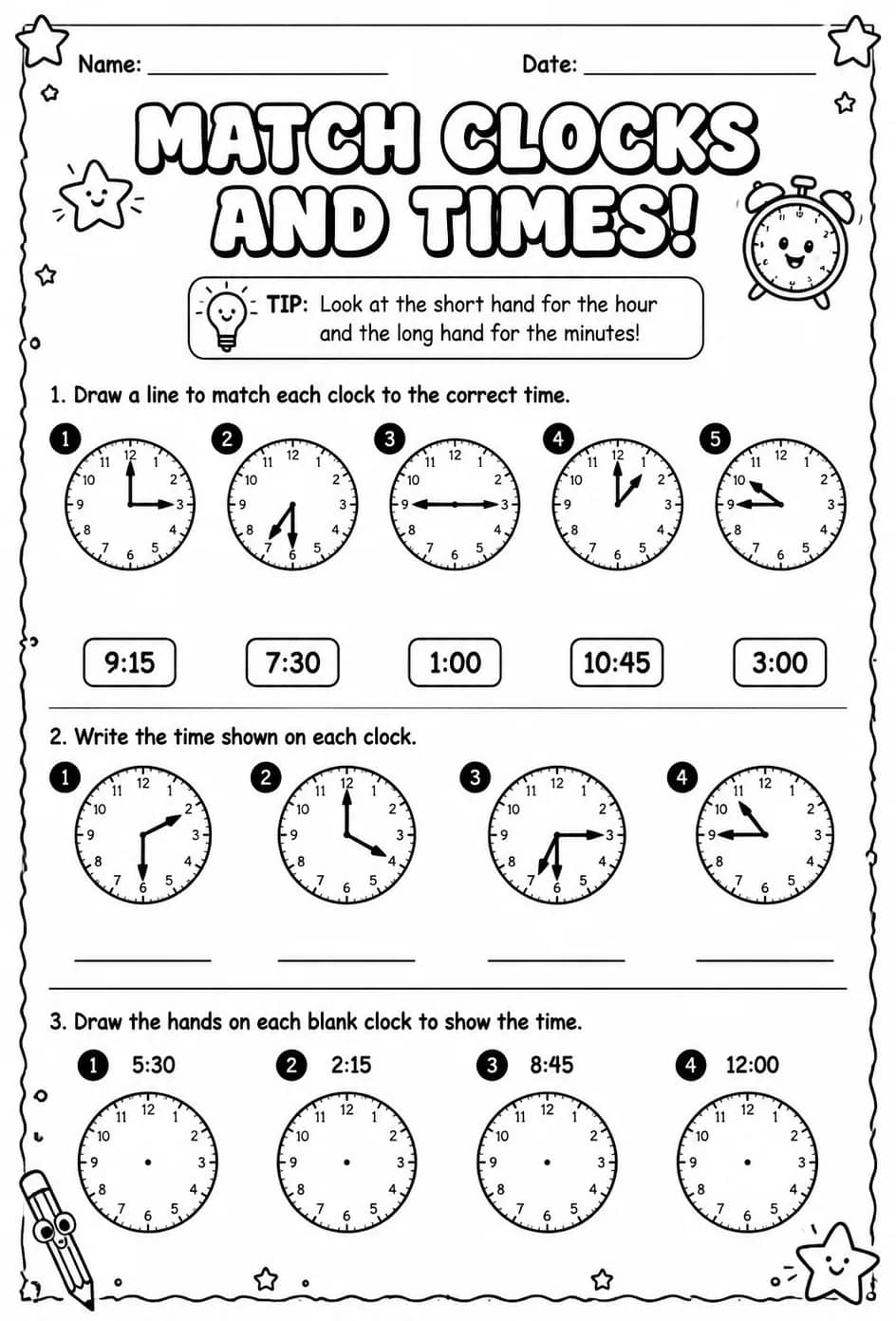 Match clocks and times — free printable Grade 3 math worksheet