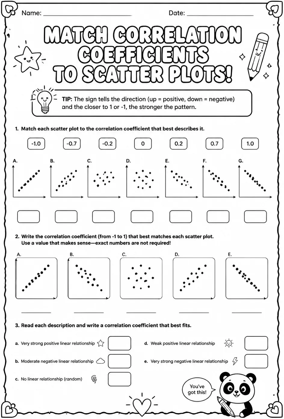 Match correlation coefficients to scatter plots — free printable Algebra 1 math worksheet