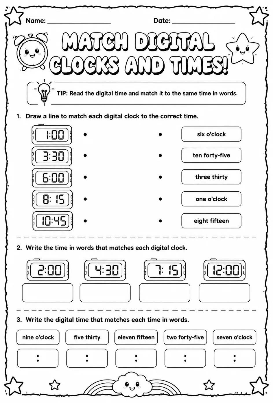Match digital clocks and times — free printable Grade 1 math worksheet