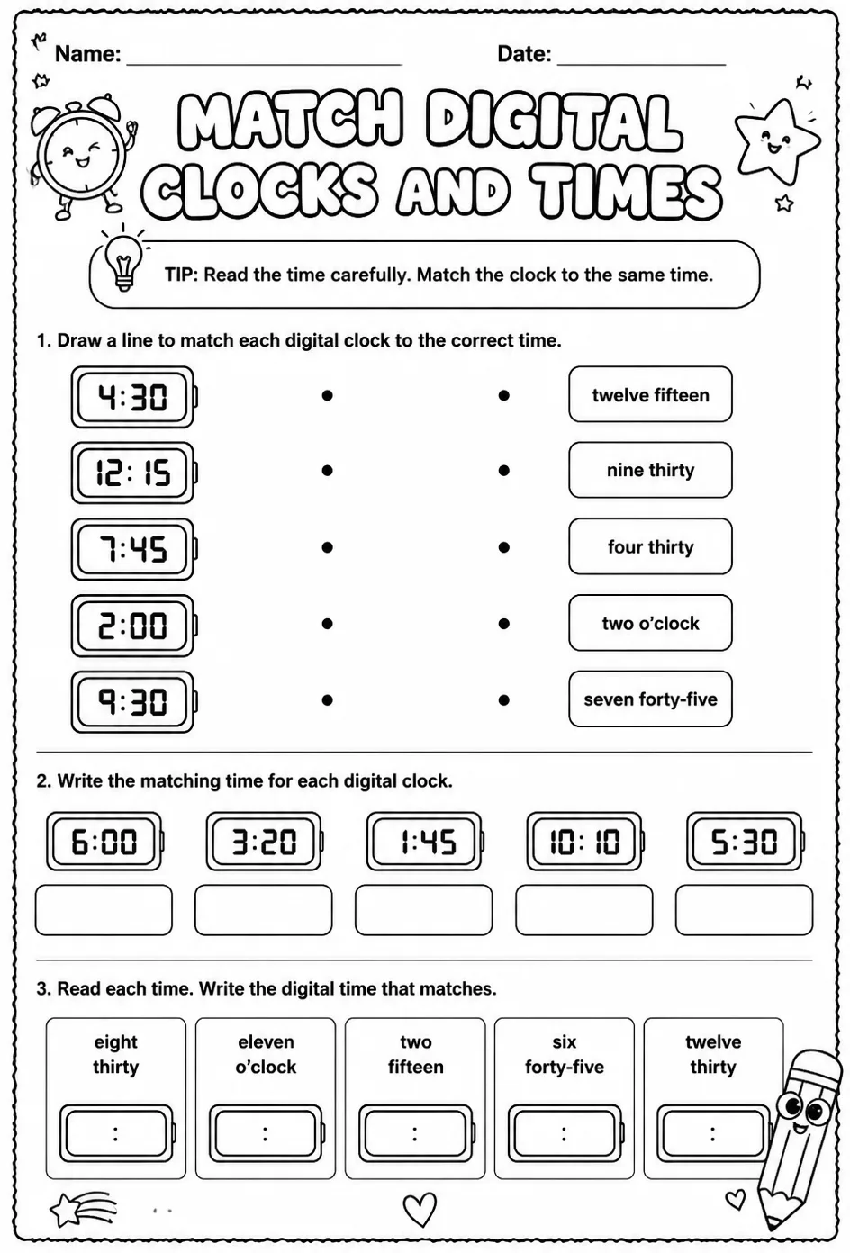 Match digital clocks and times — free printable Grade 2 math worksheet