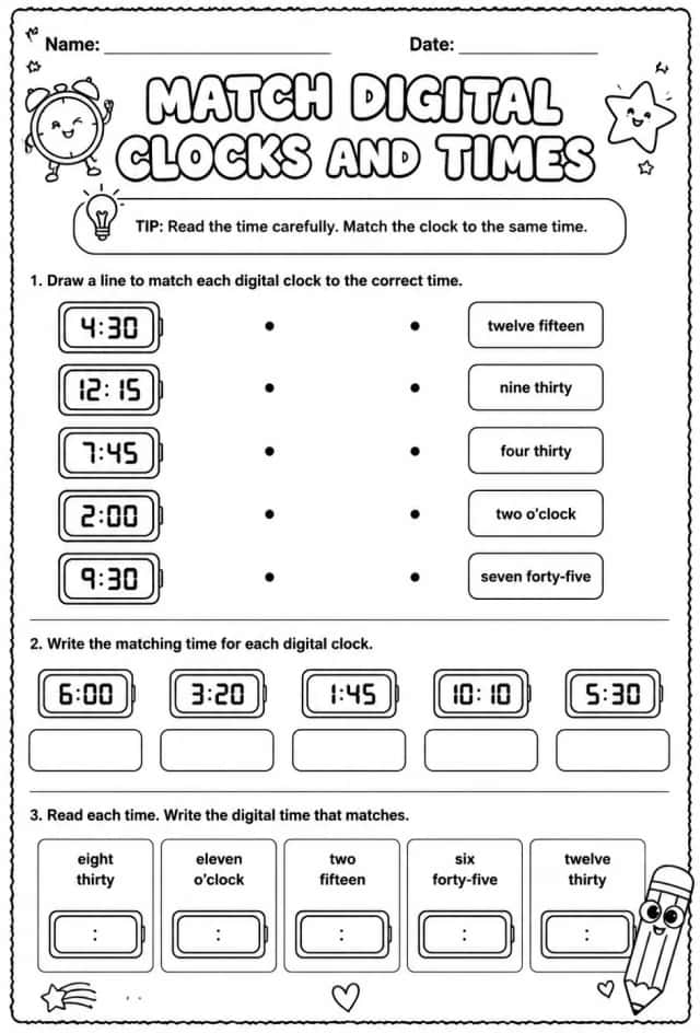 Match digital clocks and times