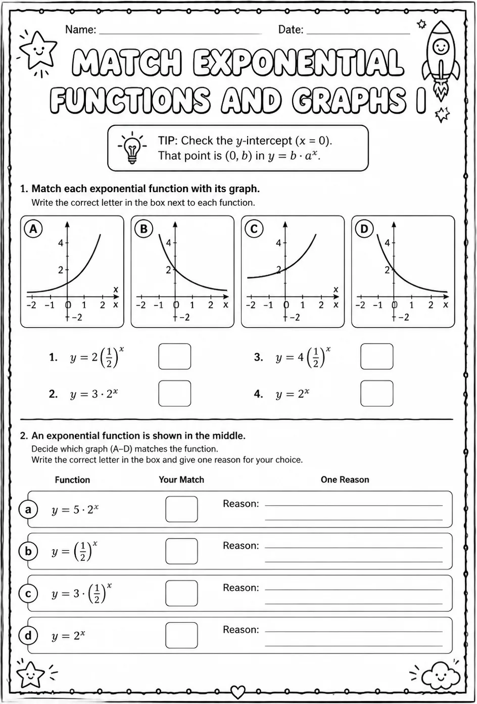 Match exponential functions and graphs I — free printable Algebra 1 math worksheet