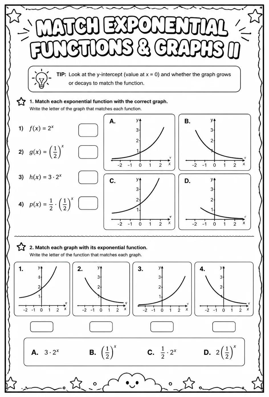 Match exponential functions and graphs II — free printable Algebra 1 math worksheet