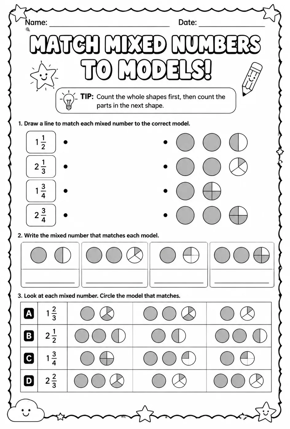 Match mixed numbers to models — free printable Grade 3 math worksheet