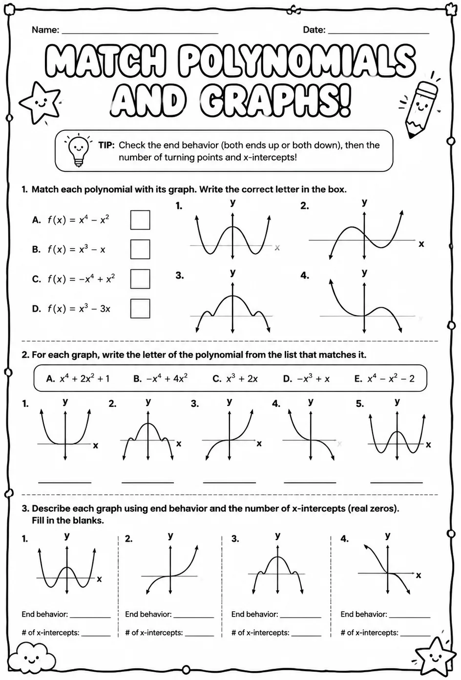 Match polynomials and graphs — free printable Algebra 2 math worksheet