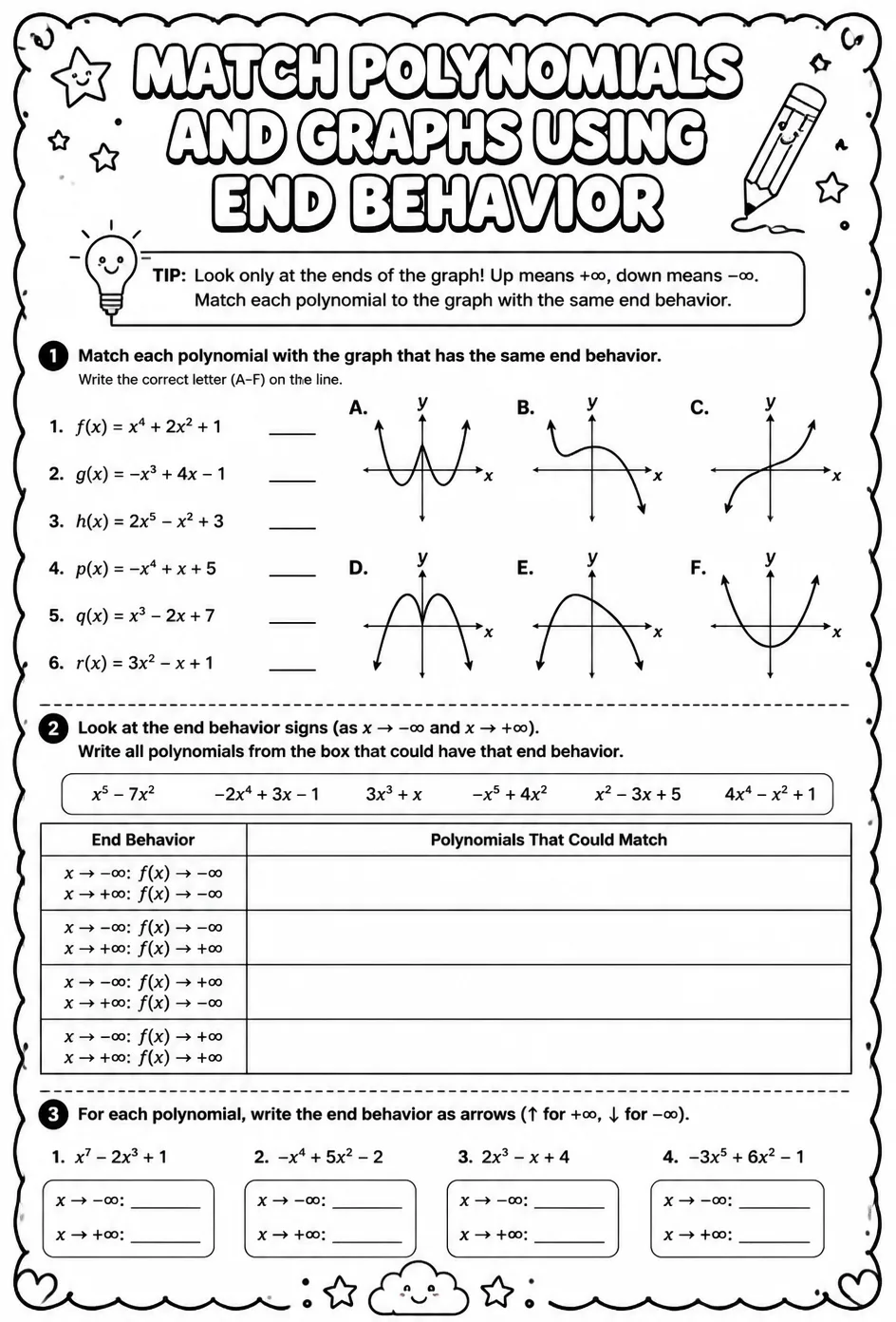 Match polynomials and graphs using end behavior — free printable Algebra 2 math worksheet