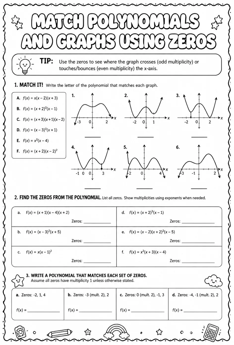 Match polynomials and graphs using zeros — free printable Algebra 2 math worksheet