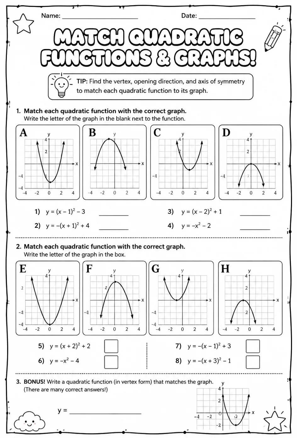 Match quadratic functions and graphs — free printable Algebra 1 math worksheet