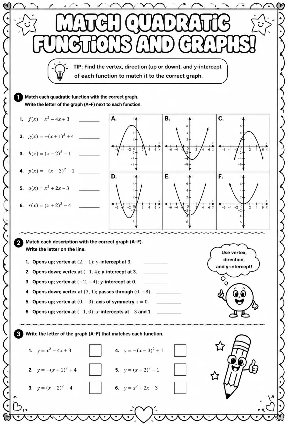 Match quadratic functions and graphs — free printable Algebra 2 math worksheet