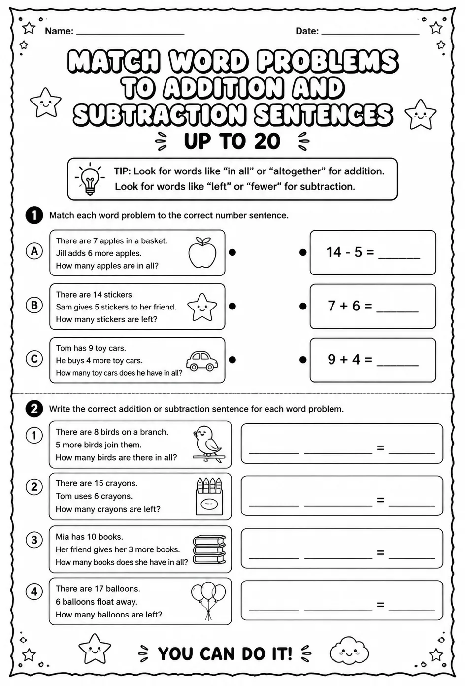 Match word problems to addition and subtraction sentences - up to 20 — free printable Grade 1 math worksheet