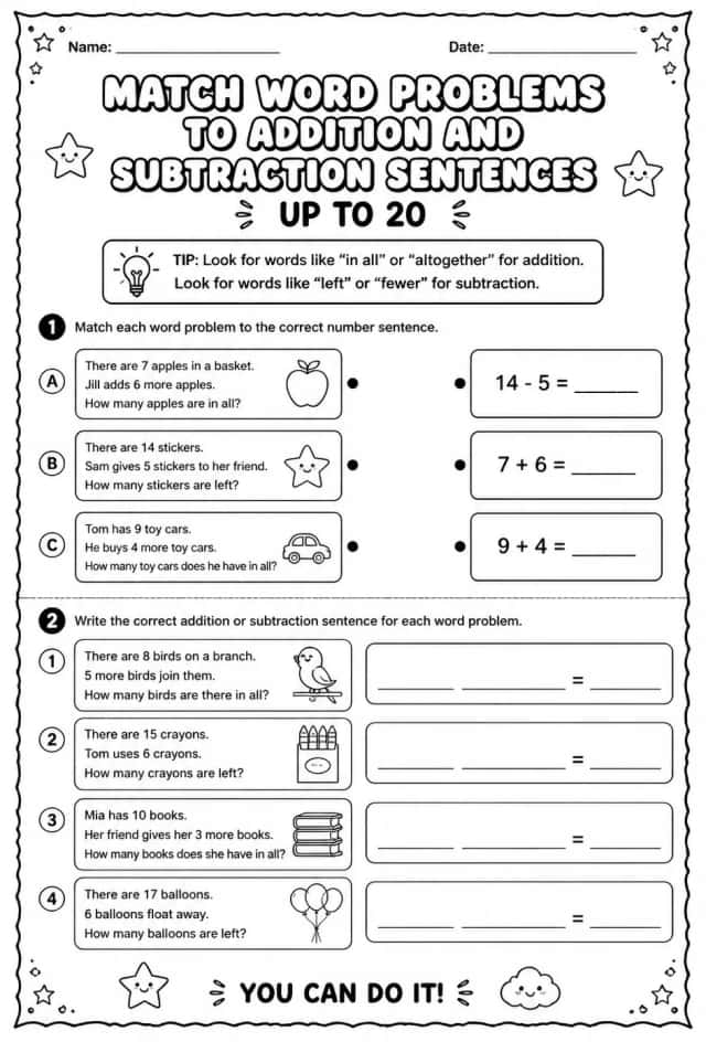 Match word problems to addition and subtraction sentences - up to 20