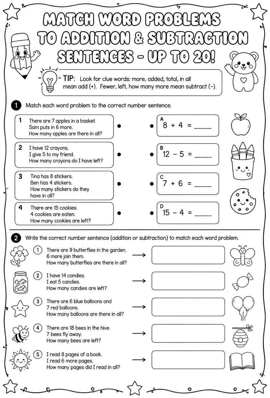 Match word problems to addition and subtraction sentences - up to 20 — free printable Grade 2 math worksheet