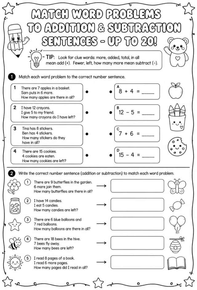 Match word problems to addition and subtraction sentences - up to 20
