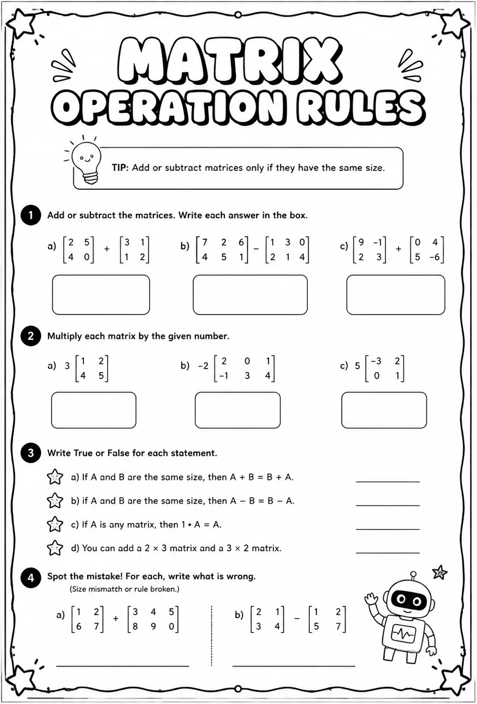 Matrix operation rules — free printable Algebra 1 math worksheet