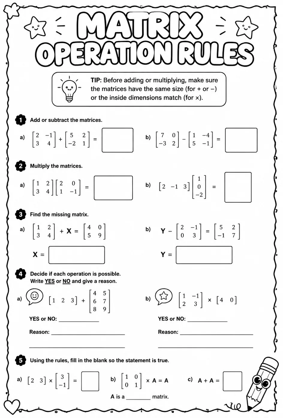 Matrix operation rules — free printable Algebra 2 math worksheet