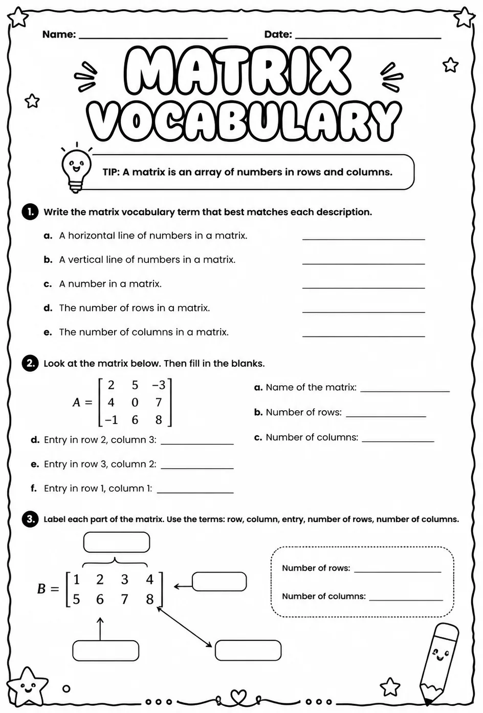 Matrix vocabulary — free printable Algebra 1 math worksheet