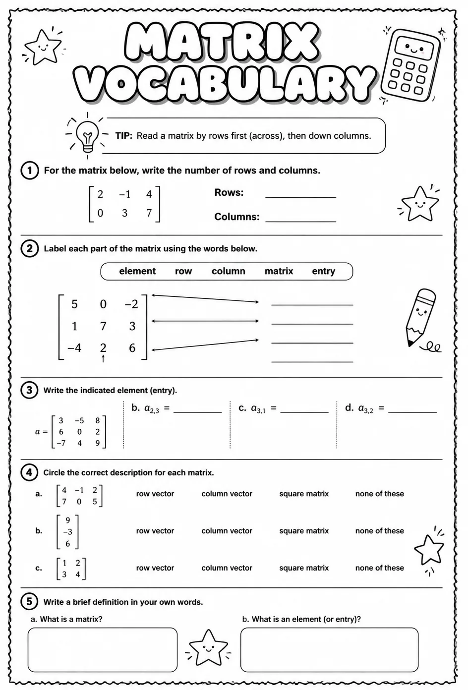 Matrix vocabulary — free printable Algebra 2 math worksheet