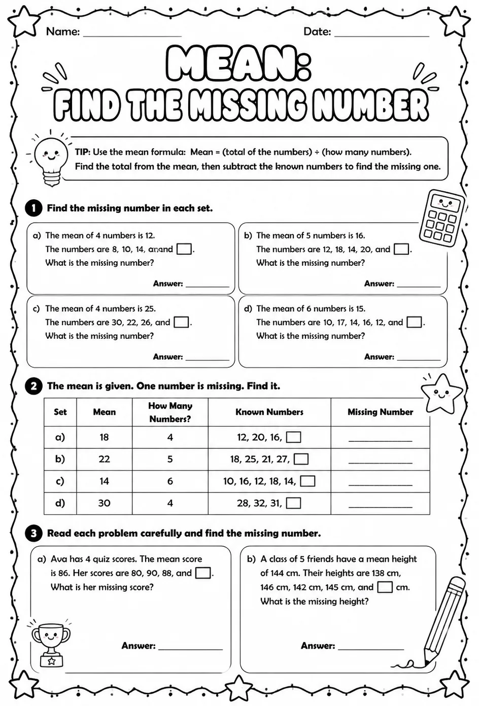 Mean: find the missing number — free printable Grade 5 math worksheet