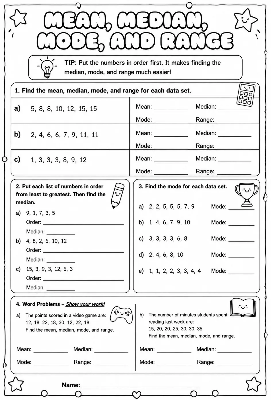 Mean, median, mode, and range — free printable Algebra 1 math worksheet