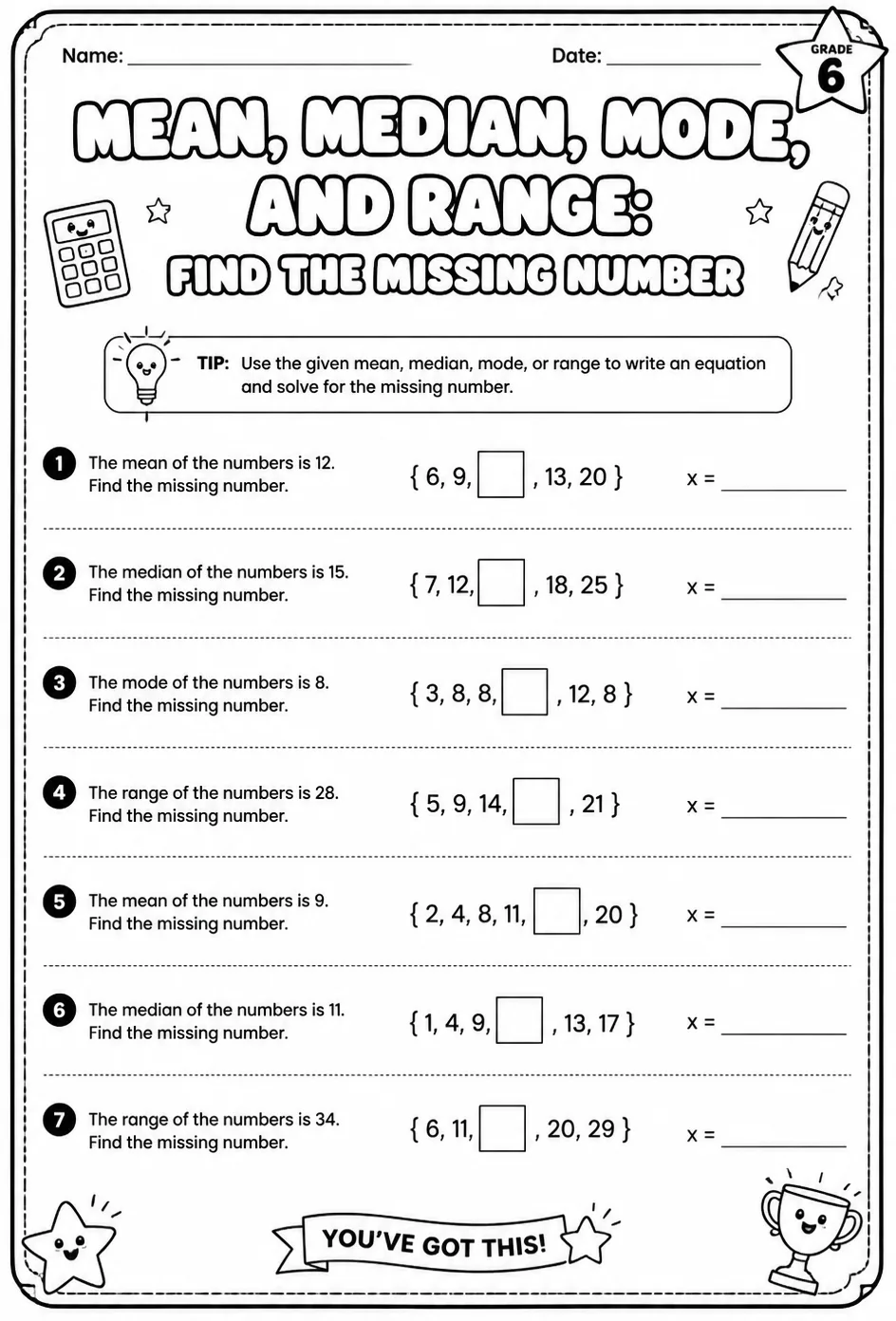 Mean, median, mode, and range: find the missing number — free printable Grade 6 math worksheet