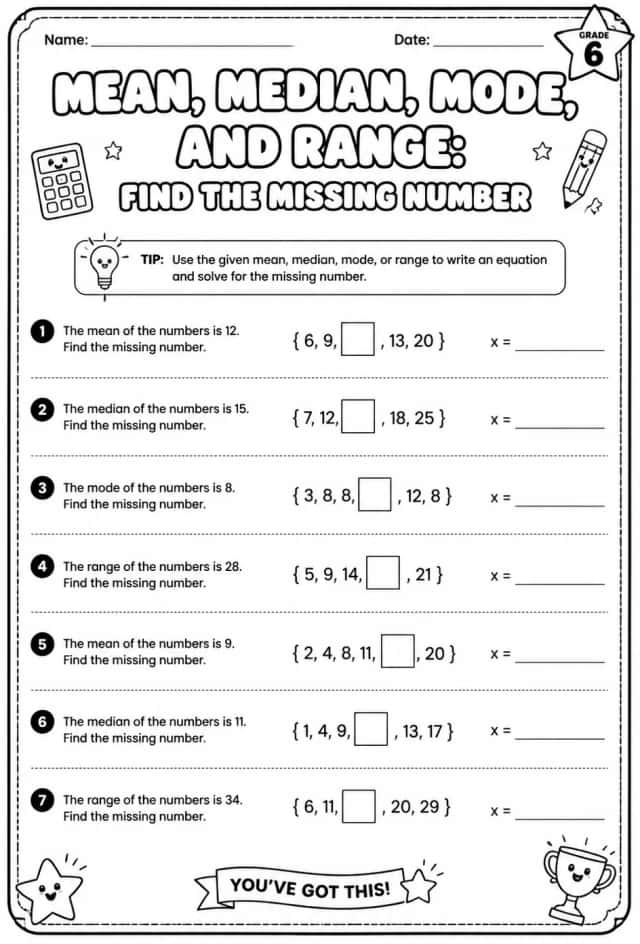 Mean, median, mode, and range: find the missing number