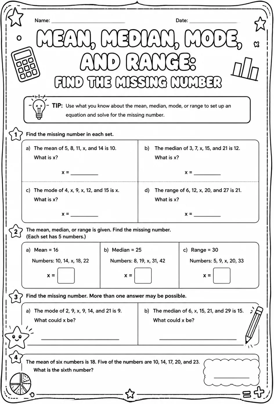 Mean, median, mode, and range: find the missing number