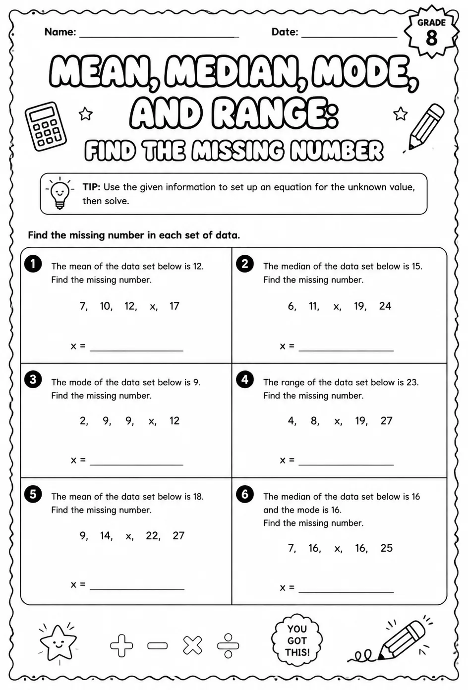 Mean, median, mode, and range: find the missing number — free printable Grade 8 math worksheet
