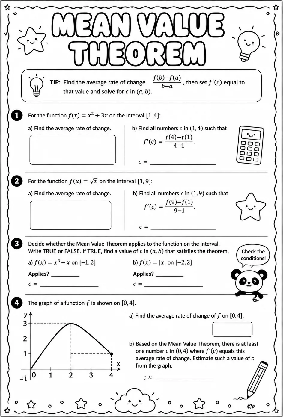 Mean Value Theorem — free printable Calculus math worksheet
