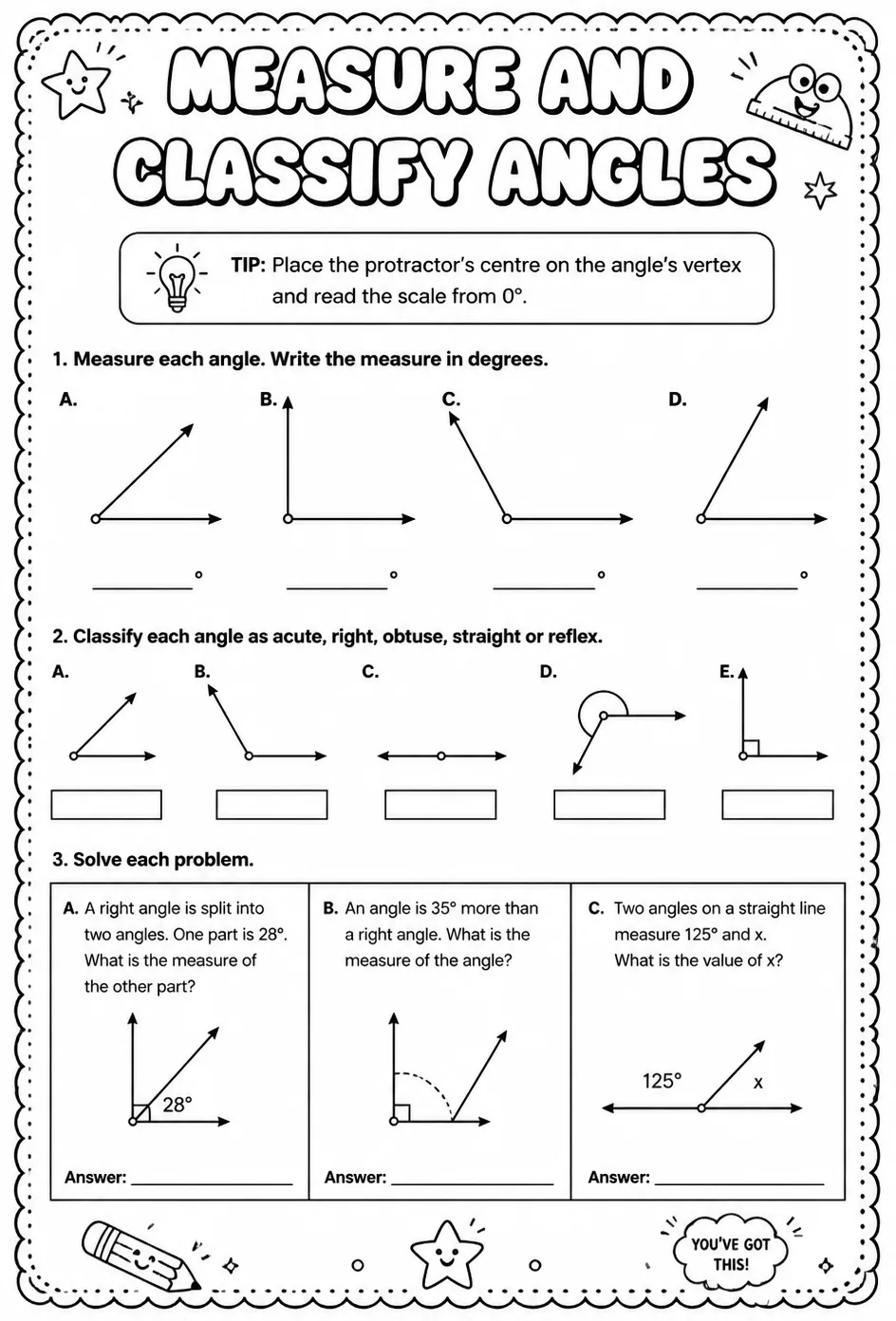 Measure and classify angles — free printable Grade 6 math worksheet