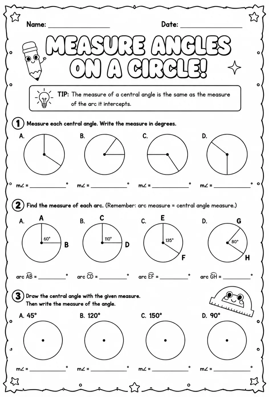 Measure angles on a circle — free printable Grade 4 math worksheet