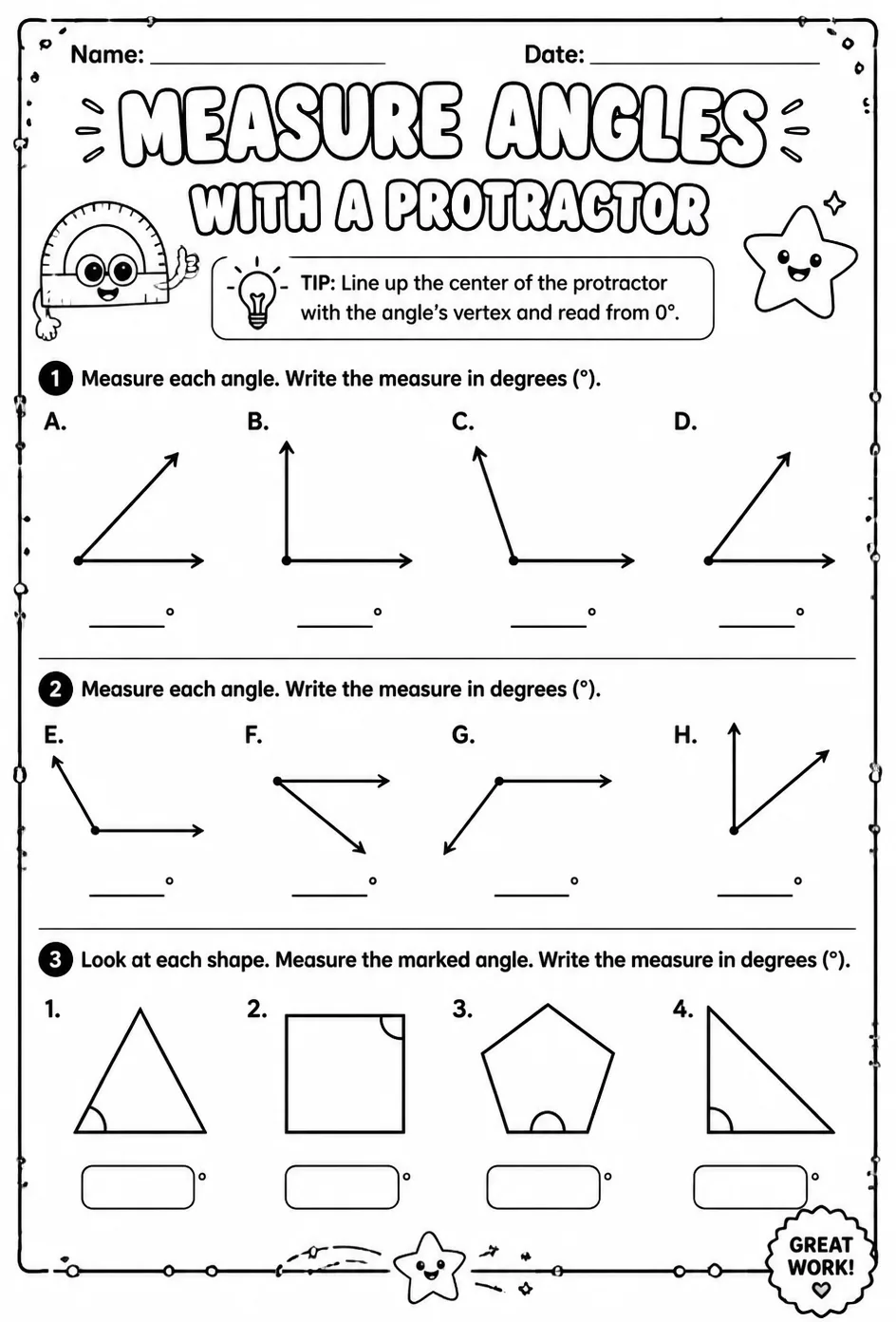 Measure angles with a protractor — free printable Grade 4 math worksheet