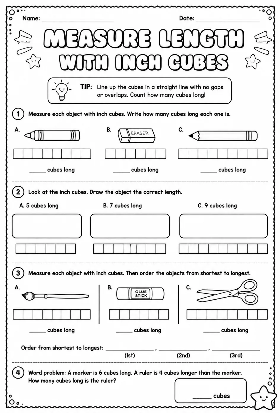 Measure length with inch cubes — free printable Grade 2 math worksheet