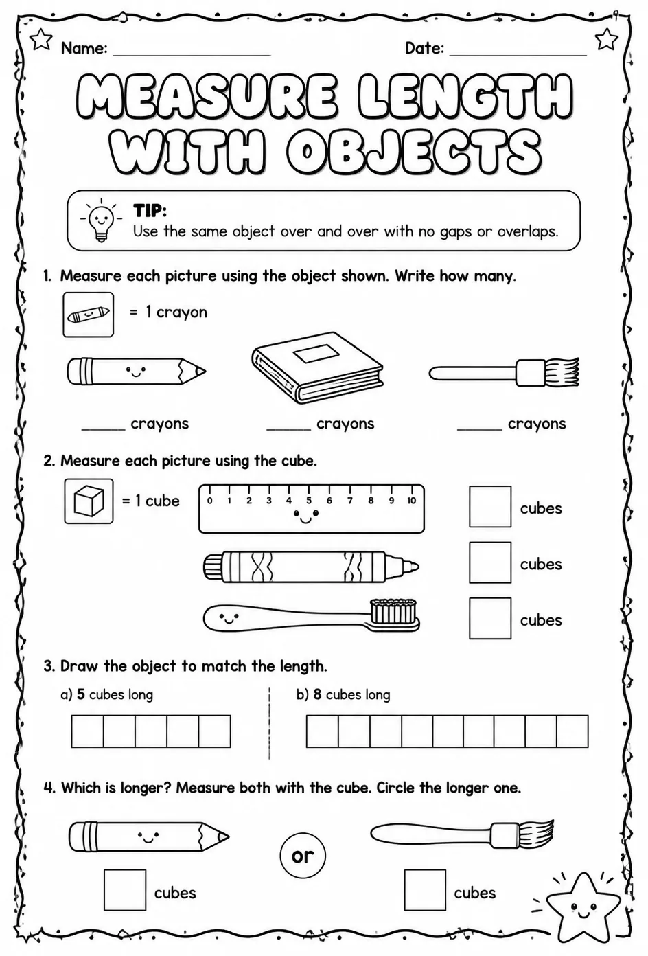 Measure length with objects — free printable Grade 1 math worksheet