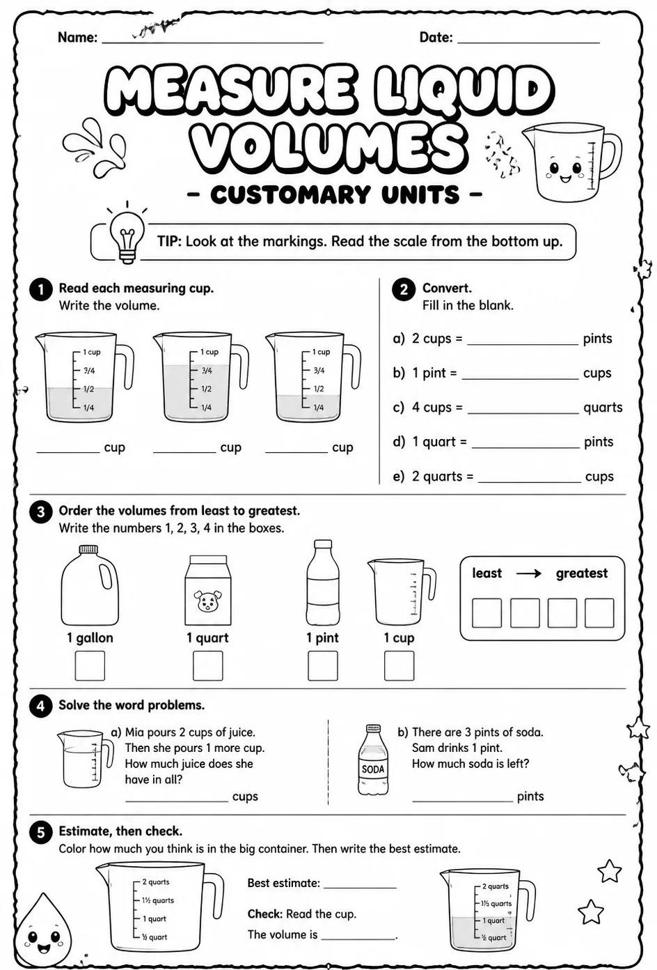 Measure liquid volumes - customary units — free printable Grade 3 math worksheet