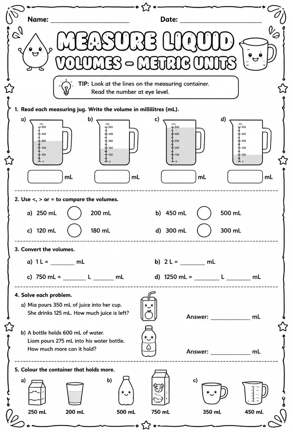 Measure liquid volumes - metric units — free printable Grade 3 math worksheet