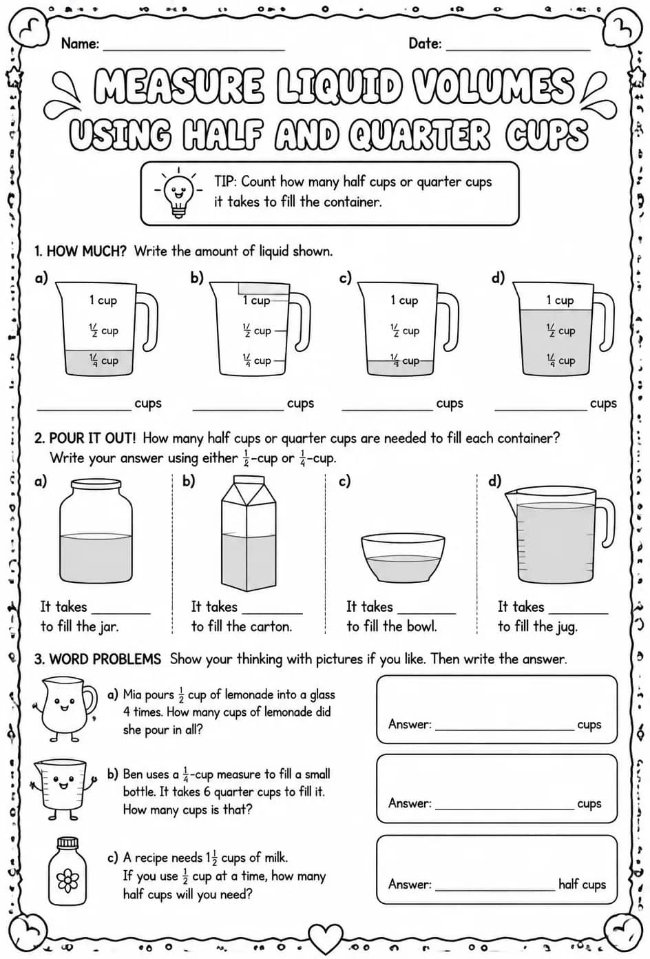 Measure liquid volumes using half and quarter cups — free printable Grade 3 math worksheet