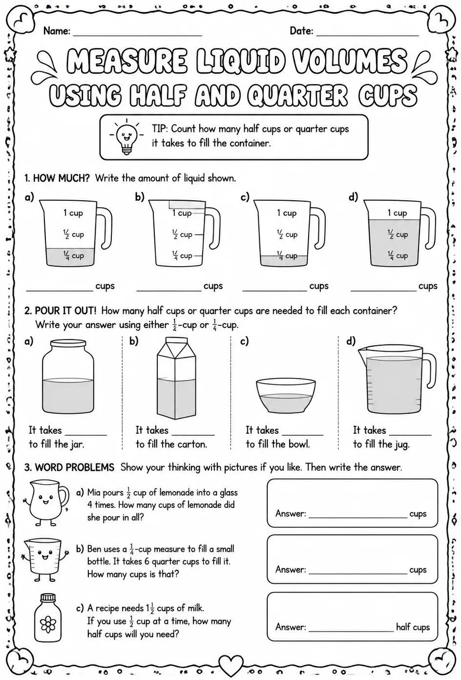 Measure liquid volumes using half and quarter cups — free printable Grade 3 math worksheet