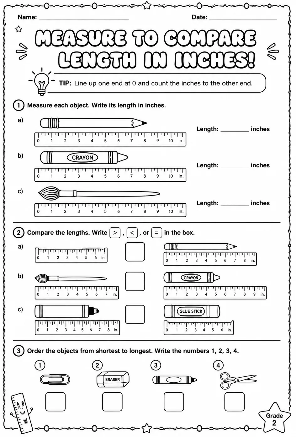 Measure to compare length in inches — free printable Grade 2 math worksheet