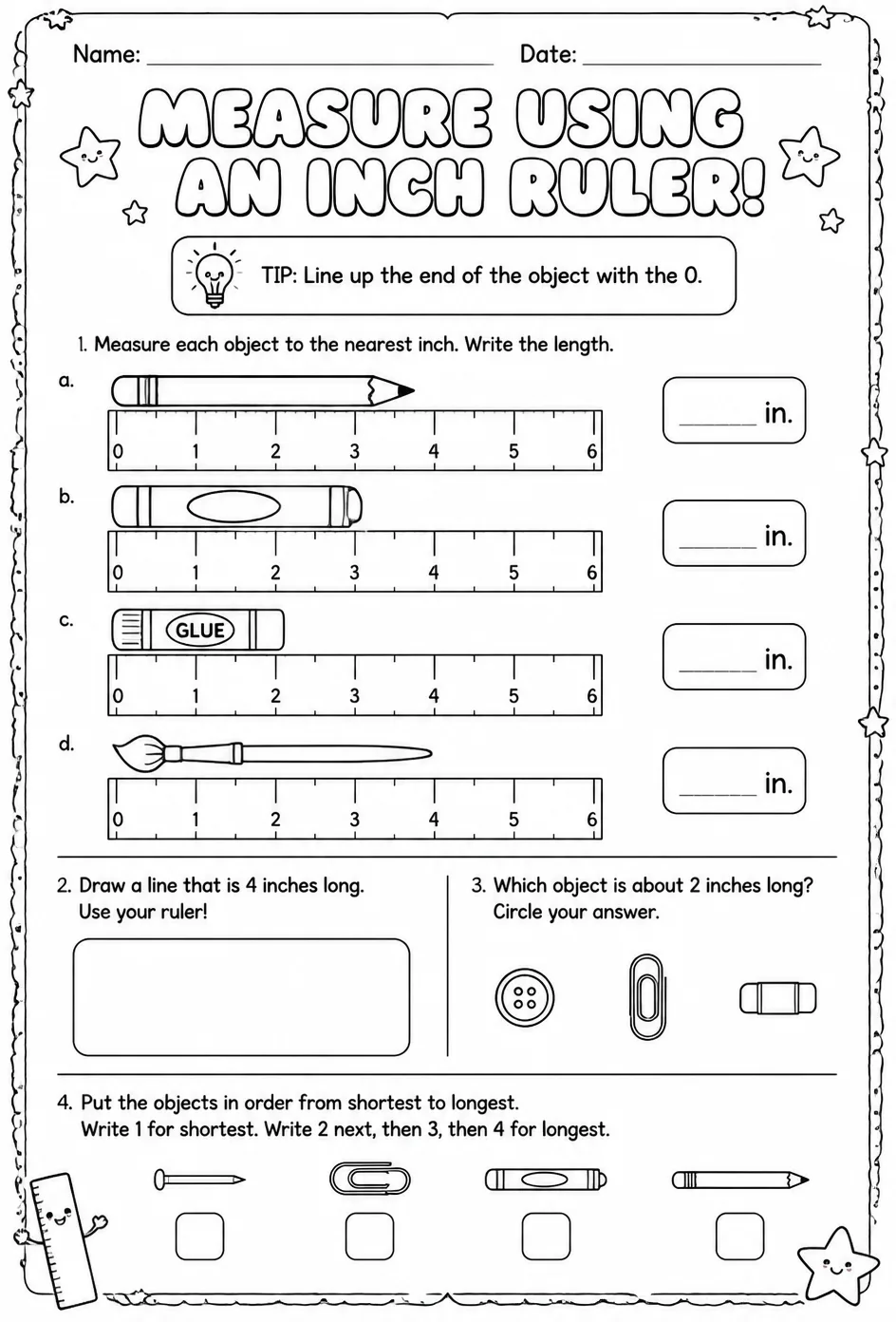 Measure using an inch ruler — free printable Grade 1 math worksheet