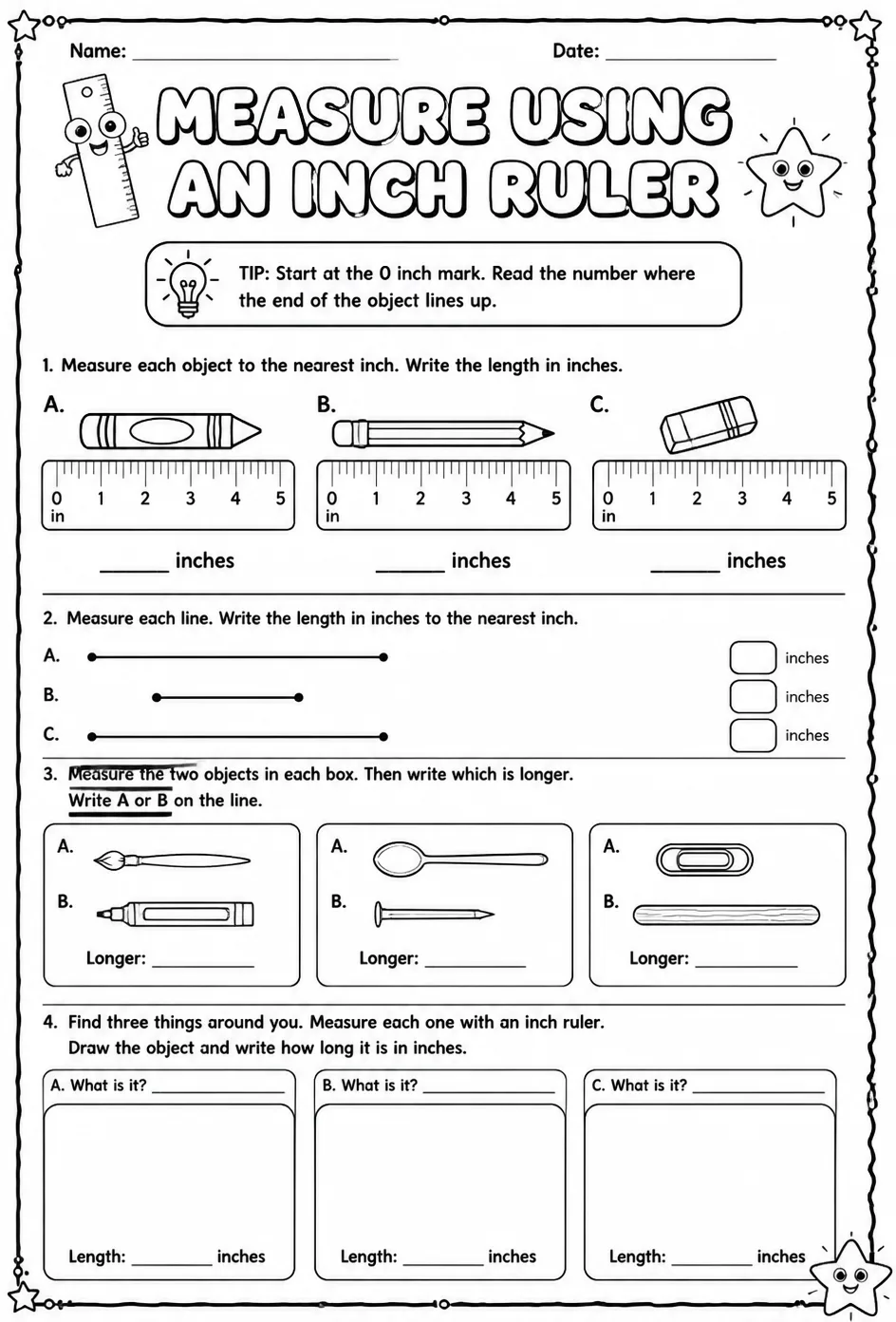 Measure using an inch ruler — free printable Grade 2 math worksheet