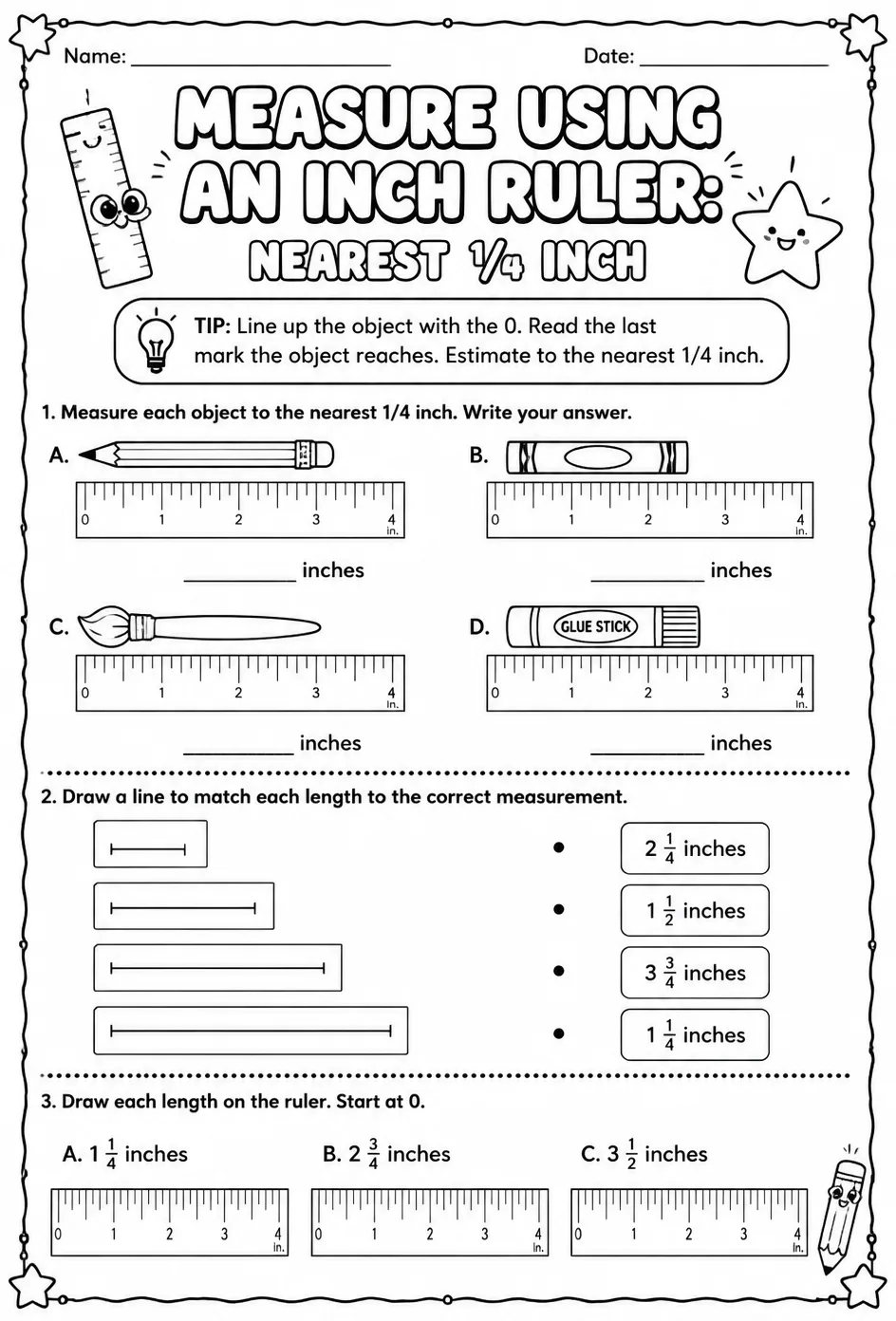Measure using an inch ruler: nearest 1/4 inch — free printable Grade 3 math worksheet