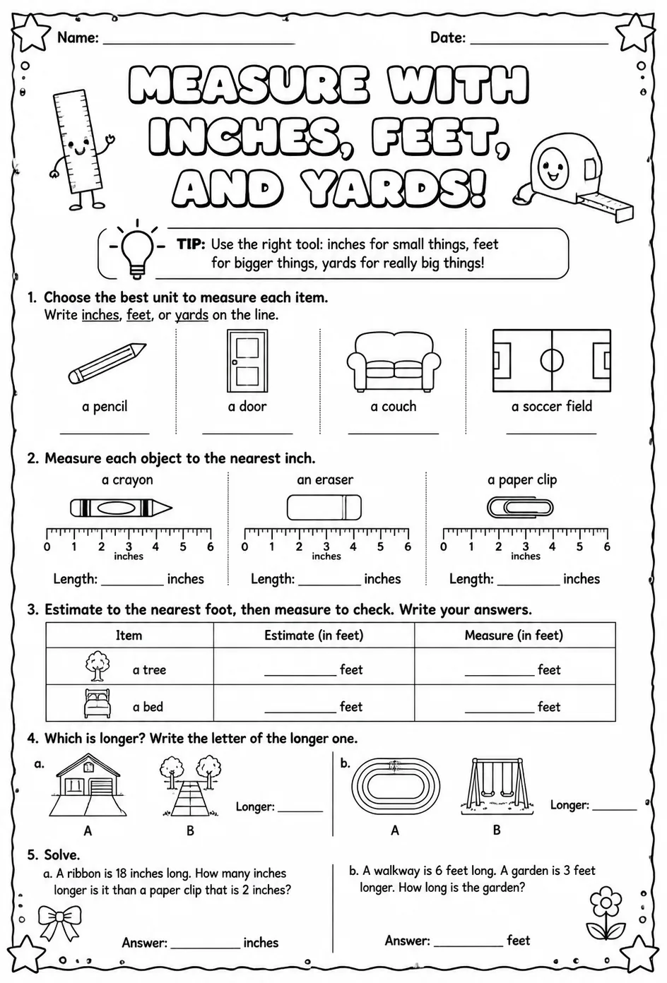 Measure with different customary units: inches, feet, and yards — free printable Grade 2 math worksheet